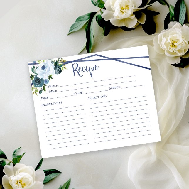 Tarjeta de receta Dusty Blue Floral Bridal Shower (Subido por el creador)