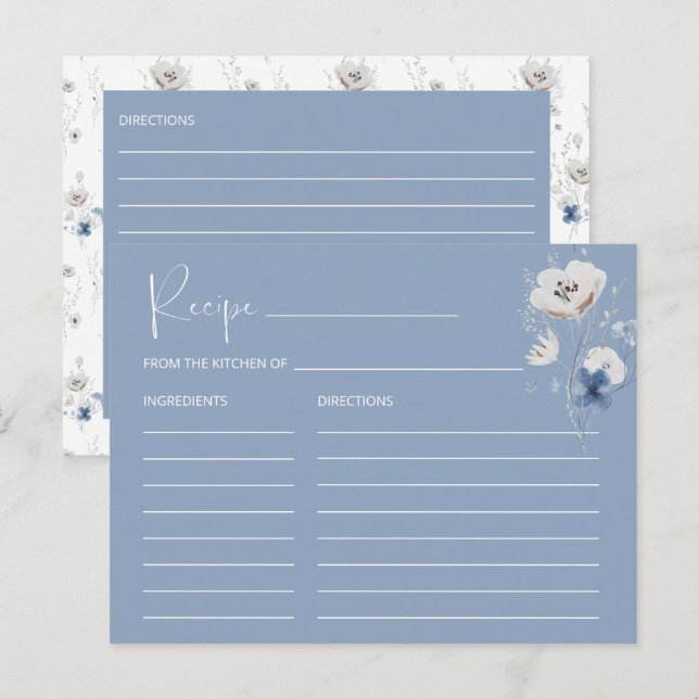 Tarjeta de receta Dusty Blue Floral Bridal Shower (Anverso / Reverso)