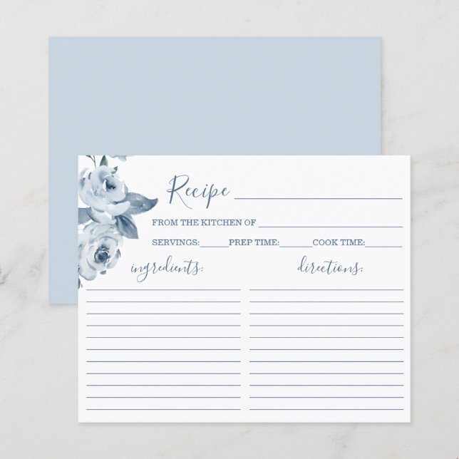 Tarjeta de receta Dusty Blue Floral Bridal Shower (Anverso / Reverso)