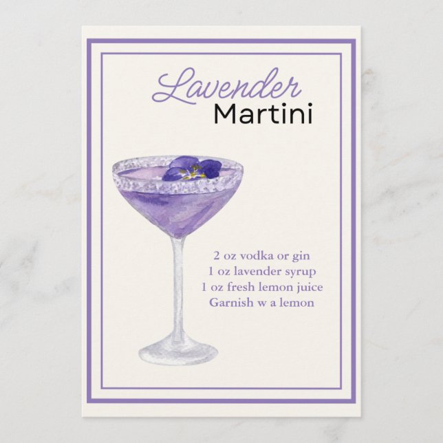 Tarjeta de receta editable Lavender Martini (Anverso)