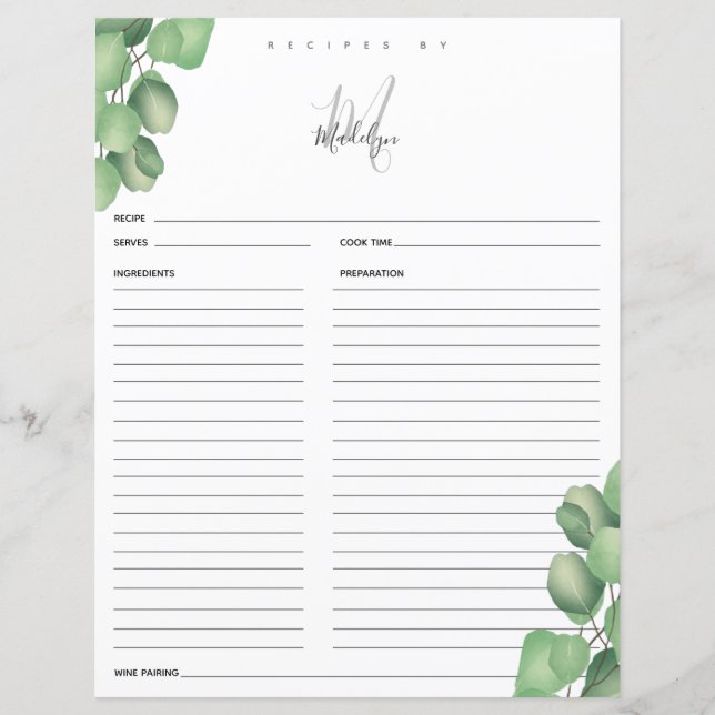 Tarjeta de receta Eucalyptus Bridal Shower (Anverso)