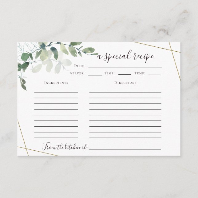 Tarjeta de receta Eucalyptus Bridal Shower de 3.5" (Anverso)