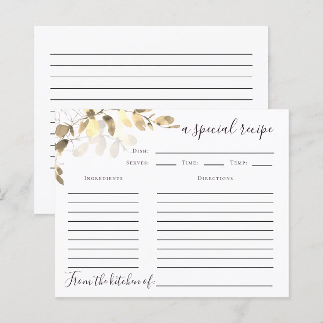 Tarjeta de receta Eucalyptus Bridal Shower | Oro (Anverso / Reverso)