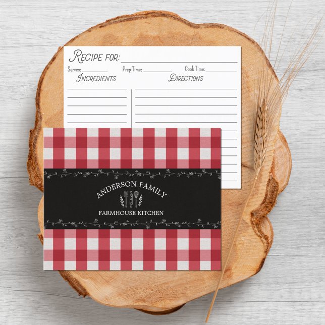 Tarjeta de Receta Familiar de Gingham Rojo Campest (Front and back)