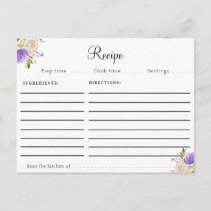 Tarjeta de receta floral acuarela morada y melocot
