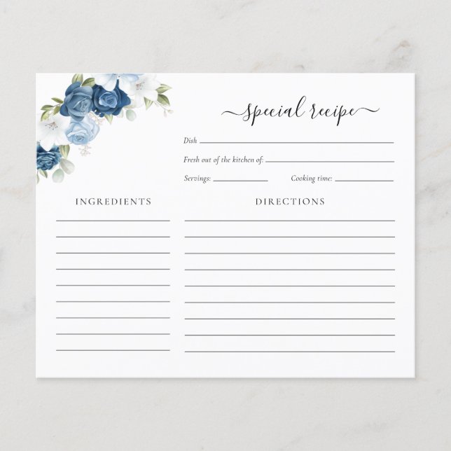 Tarjeta de Receta Floral Azul Dusty Bridal Shower (Anverso)