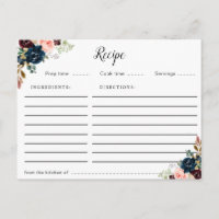 tarjeta de receta floral azul marino burdeos y ros
