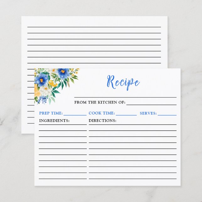 Tarjeta de receta floral azul y amarilla (Anverso / Reverso)