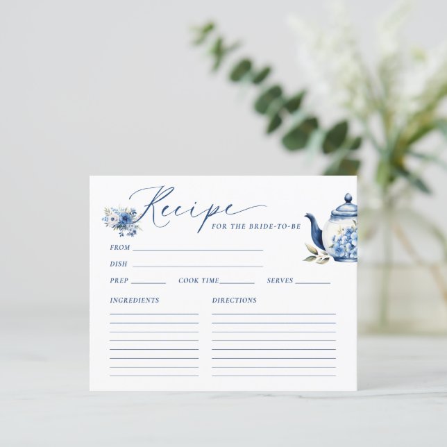 Tarjeta de receta Floral Blue Tea Fiesta Bridal Sh (Anverso de pie)