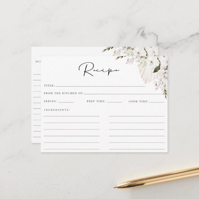 Tarjeta de receta floral bohemia blanca (Anverso/Reverso In Situ)