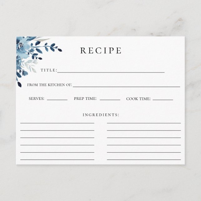 Tarjeta de receta floral botánica azul polvoriento (Anverso)