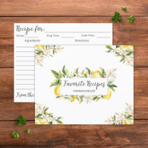Tarjeta de receta floral botánica de limones y flo