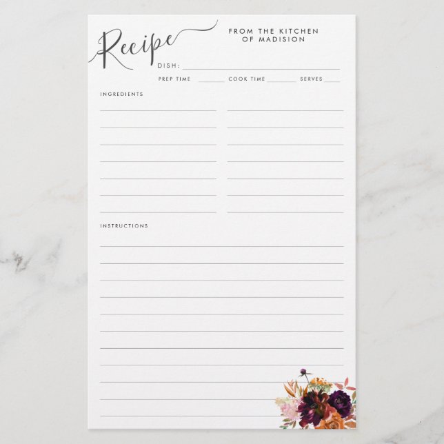 Tarjeta de receta Floral Burgundy Magenta Purple K (Anverso)