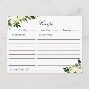 Tarjeta de receta floral de marfil blanco acuático