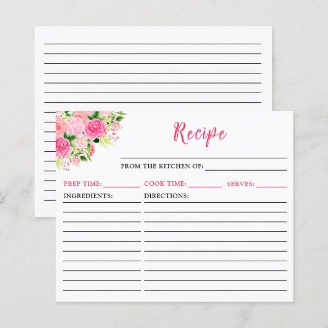 Tarjeta de receta floral de rosas rosas rosadas (Anverso / Reverso)
