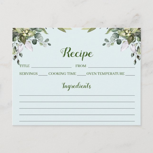 Tarjeta de receta floral Eucalyptus Watercolor (Anverso)