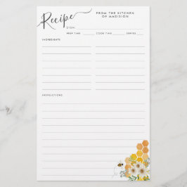 Tarjeta de receta Floral Honeycomb Bumblebee Bee K