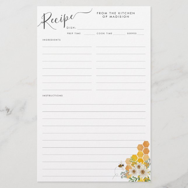 Tarjeta de receta Floral Honeycomb Bumblebee Bee K (Anverso)
