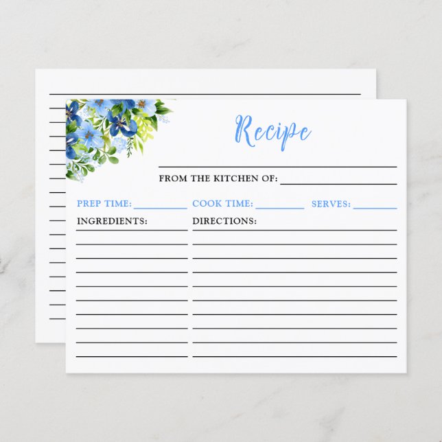 Tarjeta de receta floral marina y azul bebé (Anverso / Reverso)