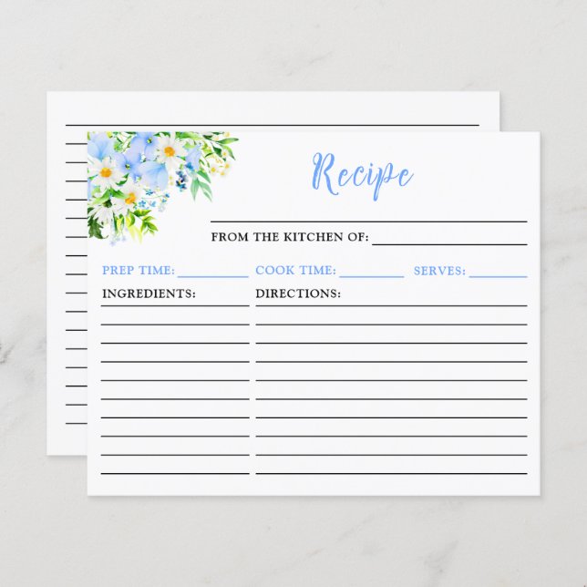 Tarjeta de receta floral para nomeolvides y marico (Anverso / Reverso)