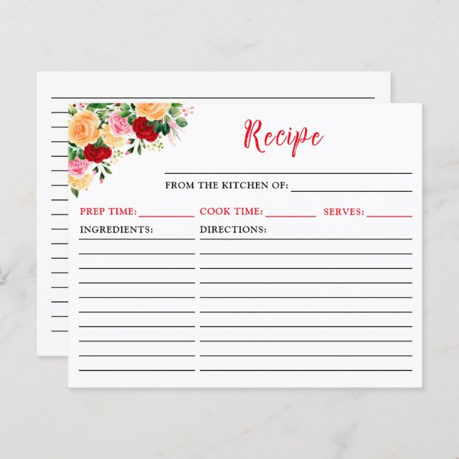 Tarjeta de receta floral para Rosas románticos (Anverso / Reverso)