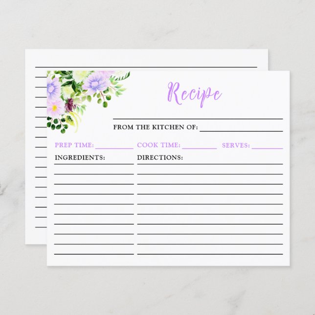 Tarjeta de receta floral púrpura Primavera (Anverso / Reverso)