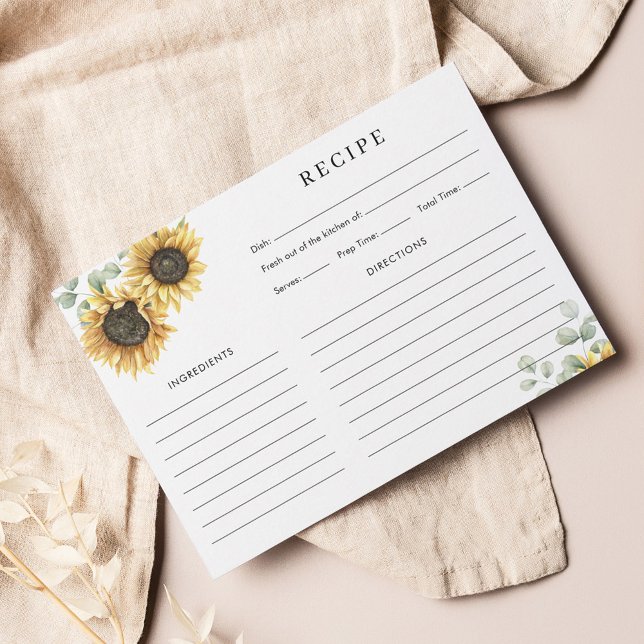 Tarjeta de receta Floral Sunflower Bridal Shower (Sunflower Watercolor Bridal Shower Recipe Card)