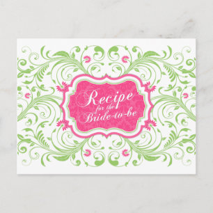 Tarjeta de receta floral verde rosa para la novia