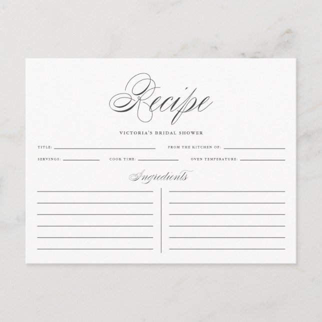Tarjeta de receta Gray Elegant Script Bridal Showe (Anverso)