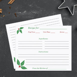 Tarjeta de receta Holly para navidades