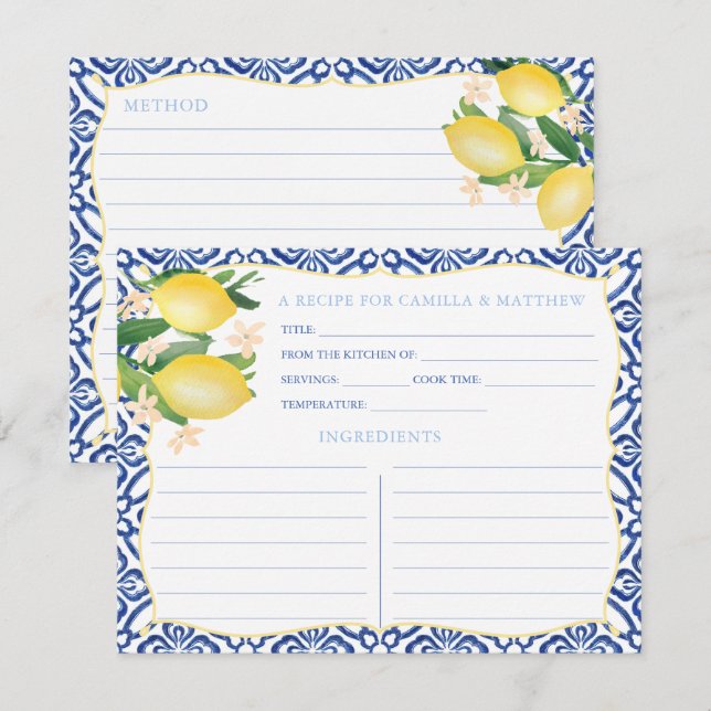 Tarjeta de receta Majolica Tiles Lemons Bridal Sho (Anverso / Reverso)