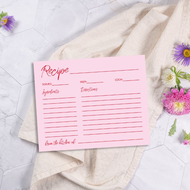 Tarjeta de receta manuscrita rosa de ducha de novi (Handwritten Pink Red Bridal Shower Recipe Card)