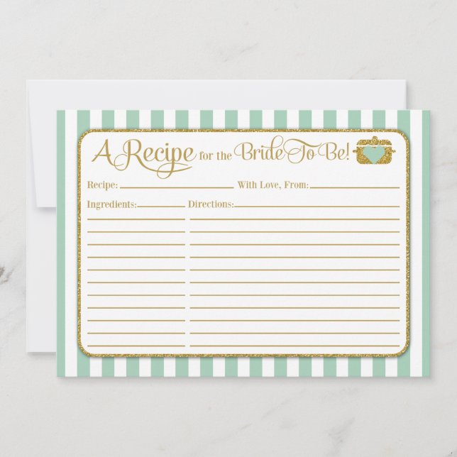 Tarjeta de receta Mint Green Gold Bridal Shower (Anverso)