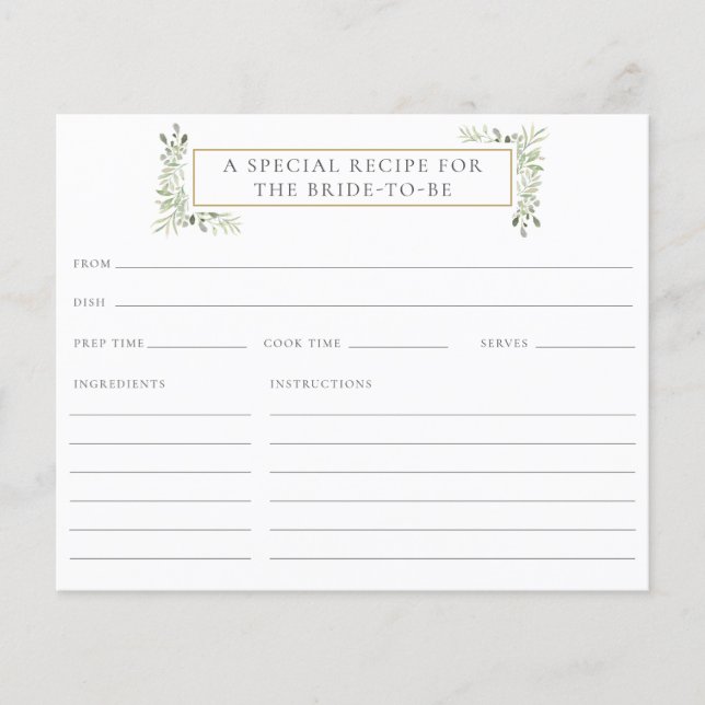 Tarjeta de receta para ducha de novia acuarela de  (Anverso)