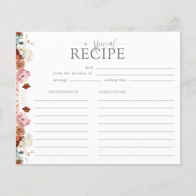 Tarjeta de receta para ducha de novia con flores d (Anverso)