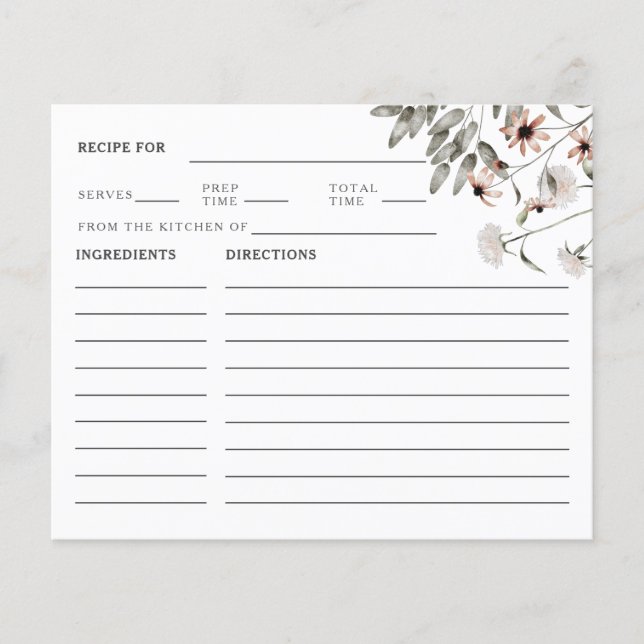 Tarjeta de receta para ducha de novia con flores s (Anverso)