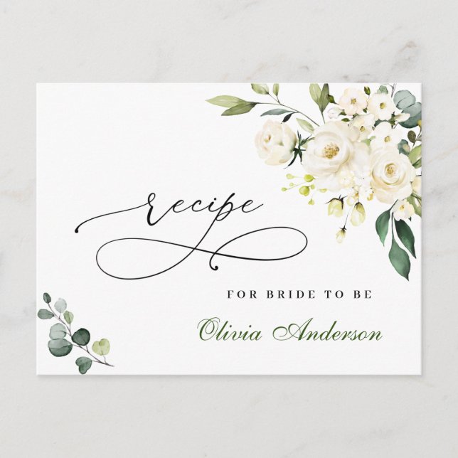 Tarjeta de receta para ducha de novia con rosas bl (Anverso)