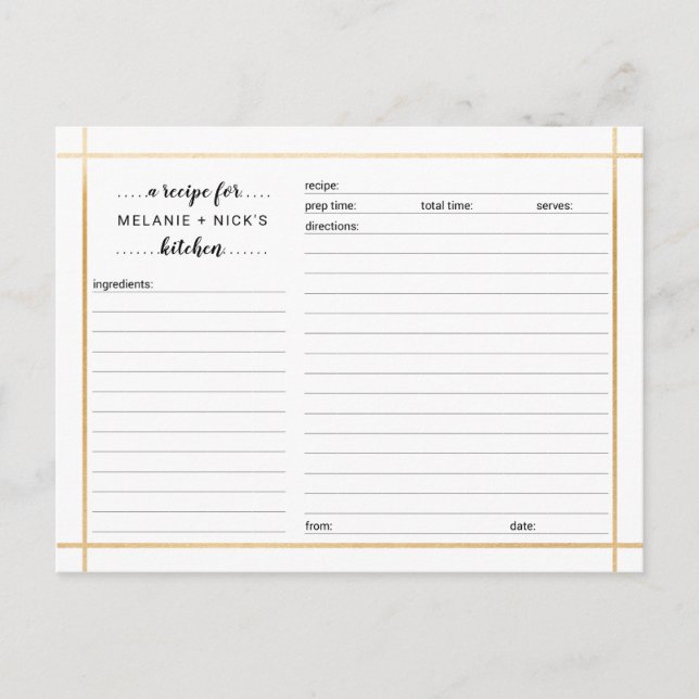 Tarjeta de receta para ducha de novia, marco de or (Anverso)