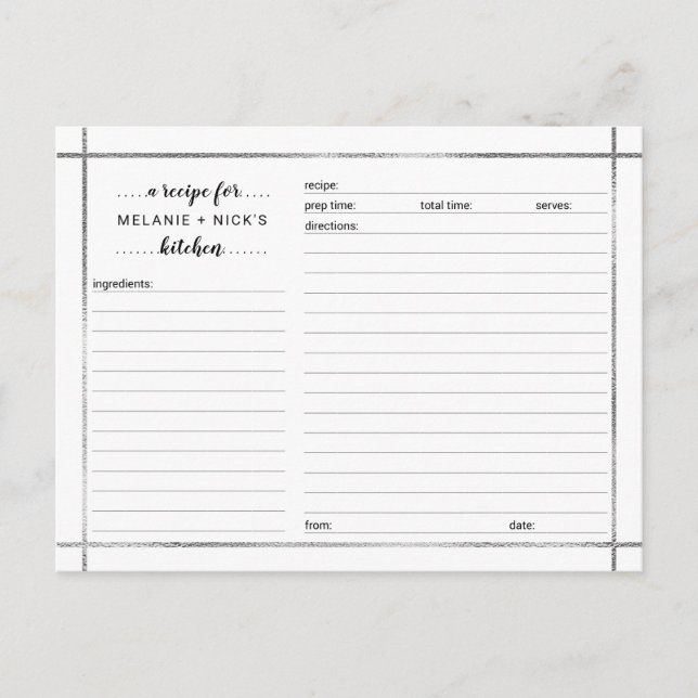 Tarjeta de receta para ducha de novia, marco plate (Anverso)