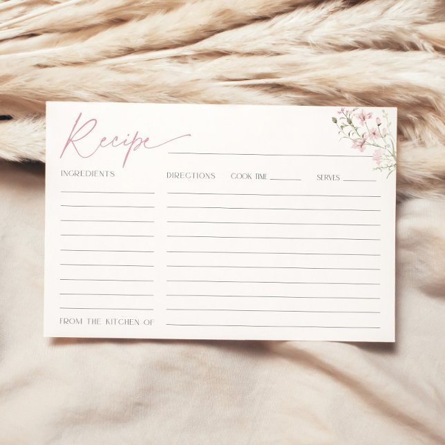 Tarjeta de receta para flores silvestres rosas de  (Recipe card with blush pink flowers for bridal shower)
