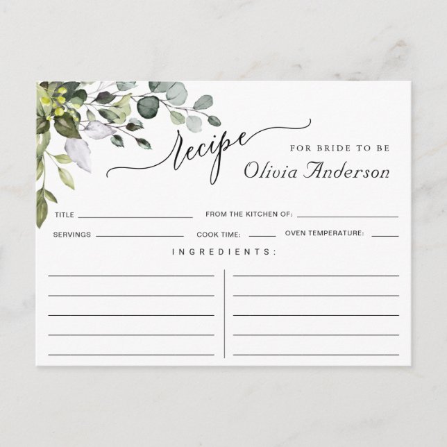 Tarjeta de receta para la ducha de la novia Eucaly (Anverso)