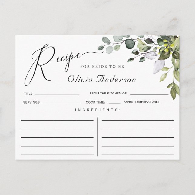 Tarjeta de receta para la ducha de la novia Eucaly (Anverso)