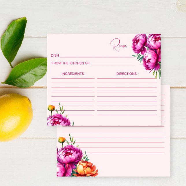 Tarjeta de receta para la ducha de novia magenta r (Pink magenta bridal shower recipe card
Pink magenta peach peonies spring summer bridal shower )