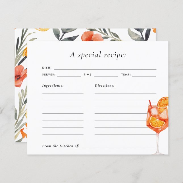 Tarjeta de receta para novias Aperol Spritz Floral (Anverso / Reverso)