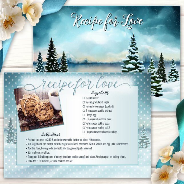 Tarjeta de receta para novias con foto de Winter W (Bridal photo recipe card featuring a watercolor painting of a winter wonderland landscape)