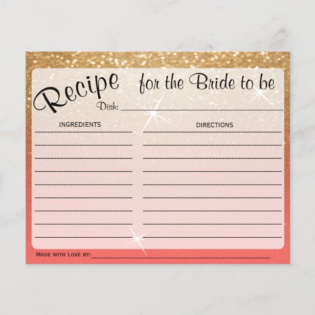 Tarjeta de receta para novias de oro y coral (Anverso)