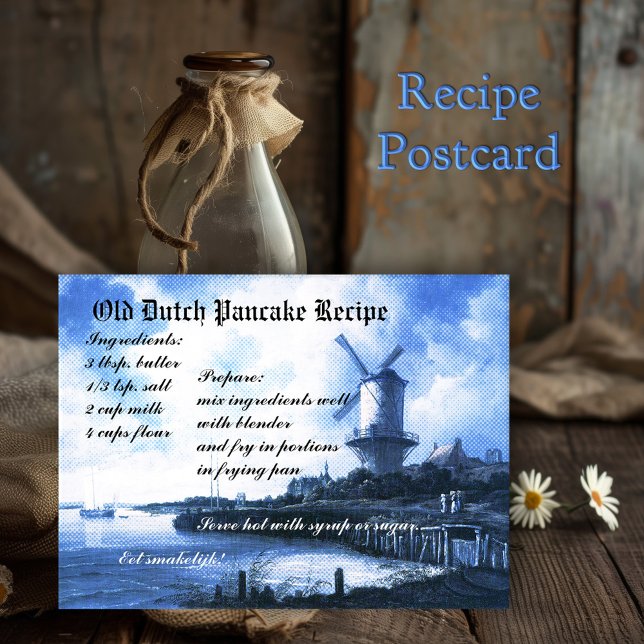 Tarjeta de receta para panqueques holandeses antig (Postcard in blue antique Dutch tile style (based on a Ruysdael painting) with a pancake recipe)