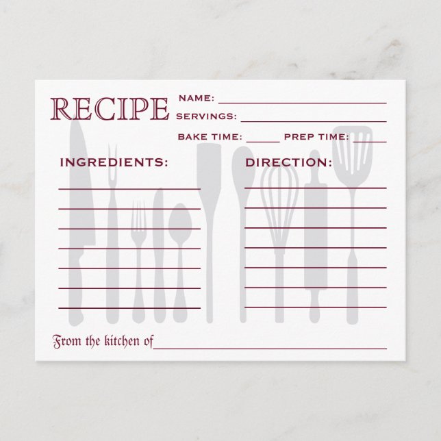 Tarjeta de receta retro Herramientas de cocina tac (Anverso)
