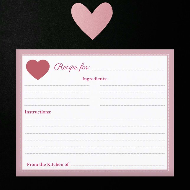 Tarjeta de receta rosada Rústica para ducha de nov (Red Heart Rustic Bridal Shower Pink Recipe Card)