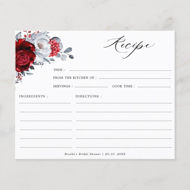 Tarjeta de receta Royal Red White Silver Bridal Sh (Anverso)